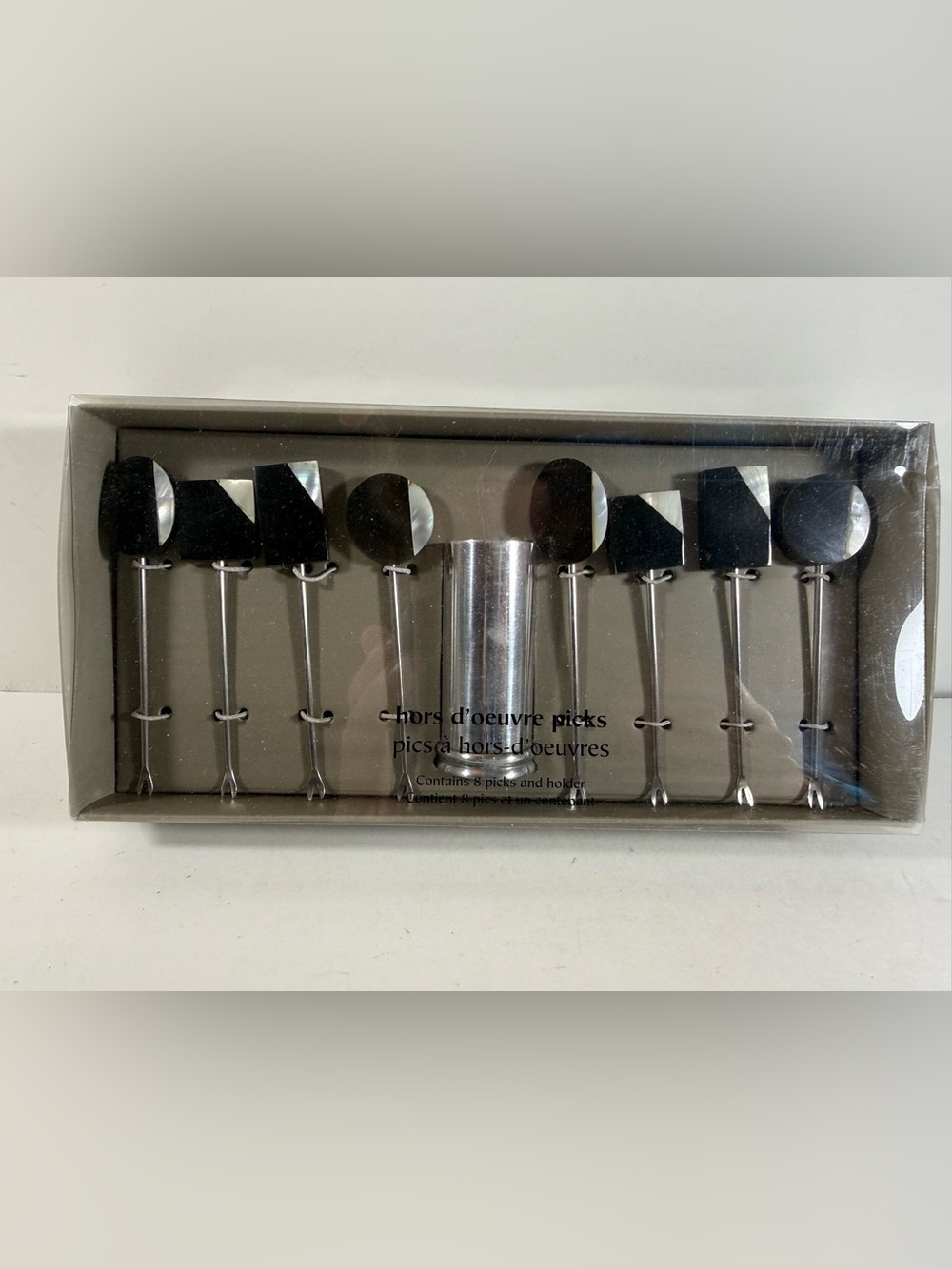 Pier 1 hors d’oeuvre picks & holder black mother of pearl inlay set of 8